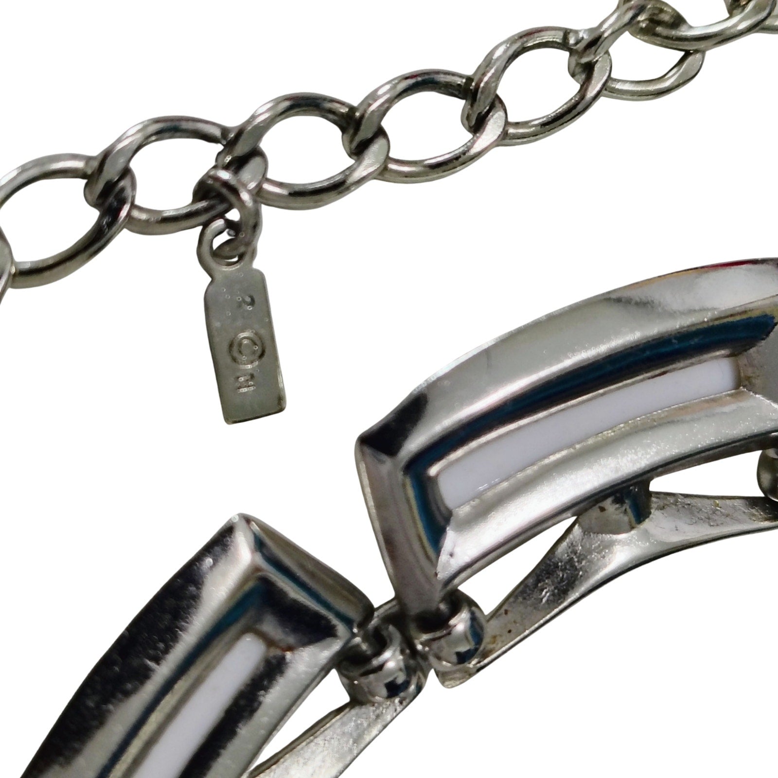 Monet Thermoset White Plastic Rectangular Links Set in Silver Tone [Vintage]