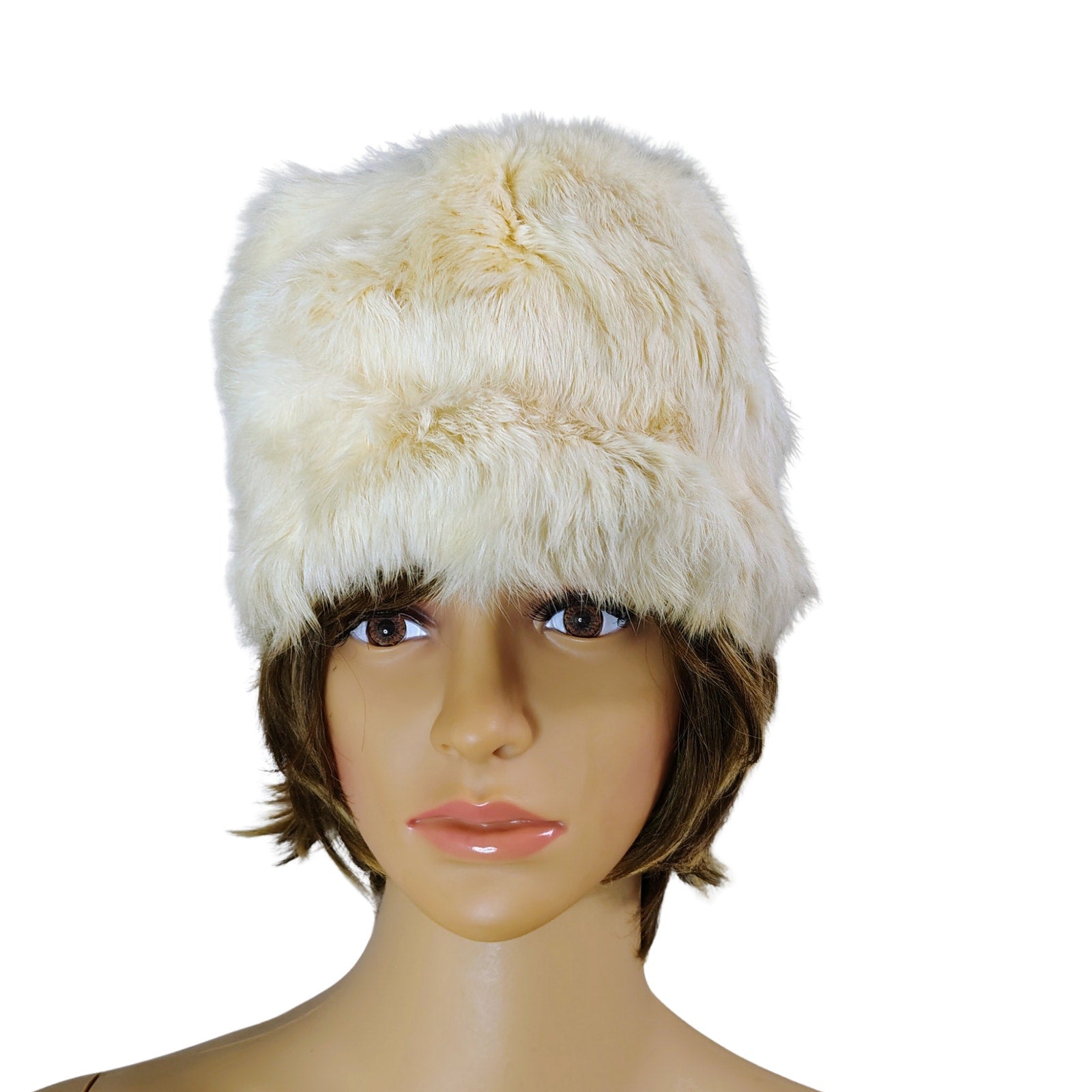1950s Cream Real Fur Tall Pillbox Cossack Style Winter Hat [Vintage]