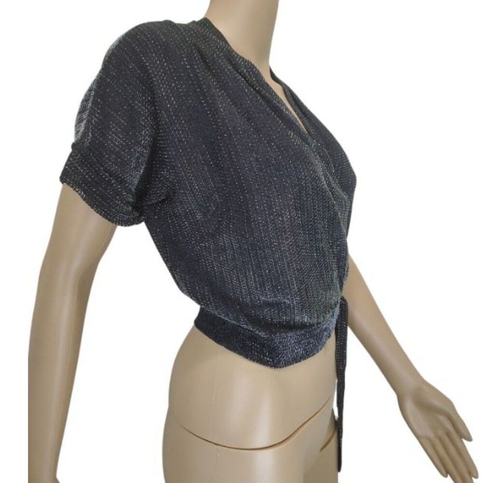 70s Cropped Black Silver Metallic Thread Short Sleeve V Neck Top Size Small [Vintage]