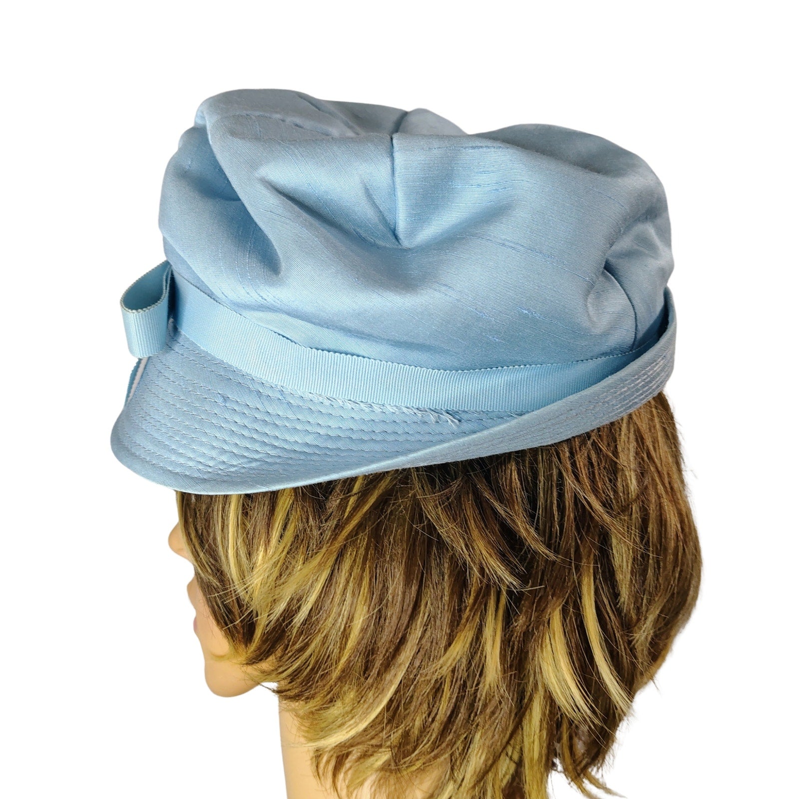 1950s Pale Blue Bucket Cloche Hat Scrunched Bow Detail with Brim USA Union Made [Vintage]