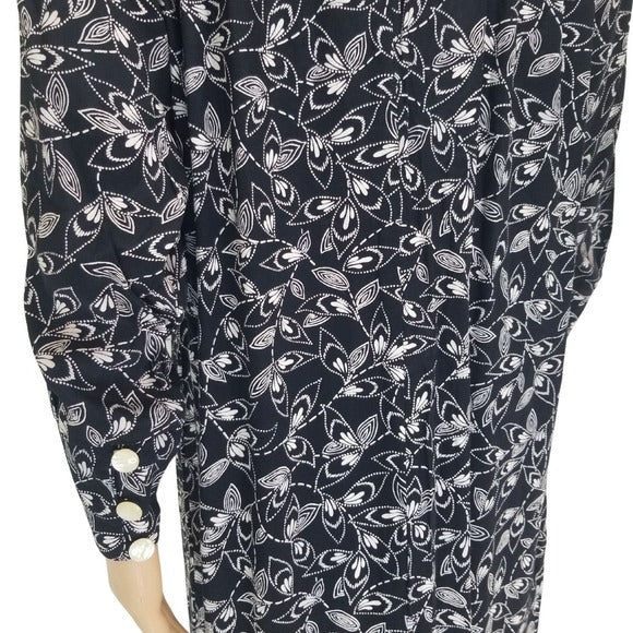 1980s Liz Claiborne Petite Black Long Sleeve Floral Shirt Dress Size 8P [VINTAGE]