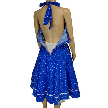 Hell Bunny Rockabilly Dress Blue White Halter Polka Dot Fit Flare Pinup Size Medium