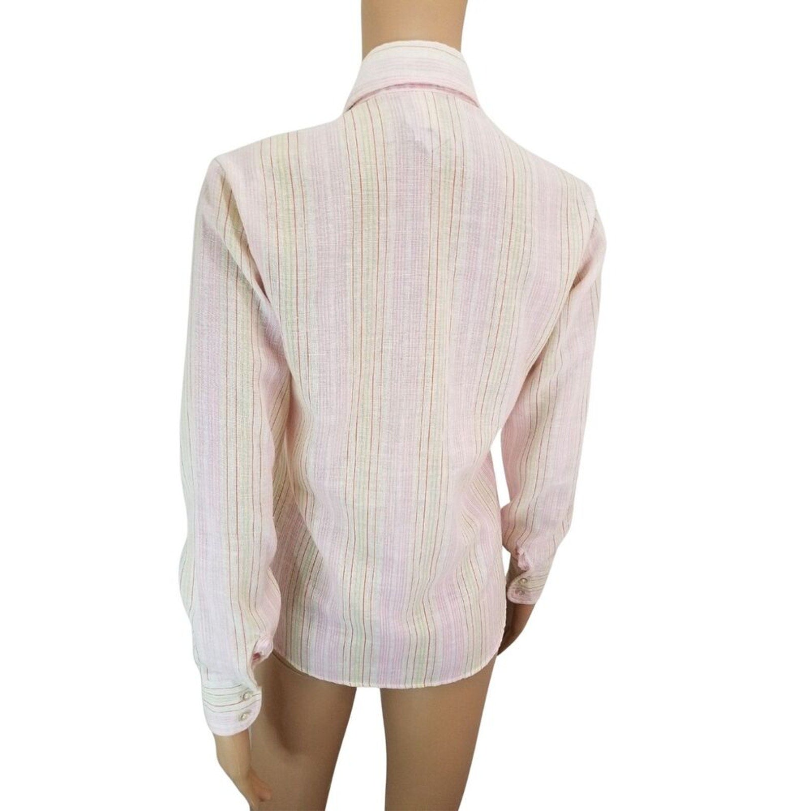 50s Vintage Wing Tip Collar Button Up Shirt Pink Cream Green Stripe Size 9/10 [Vintage]