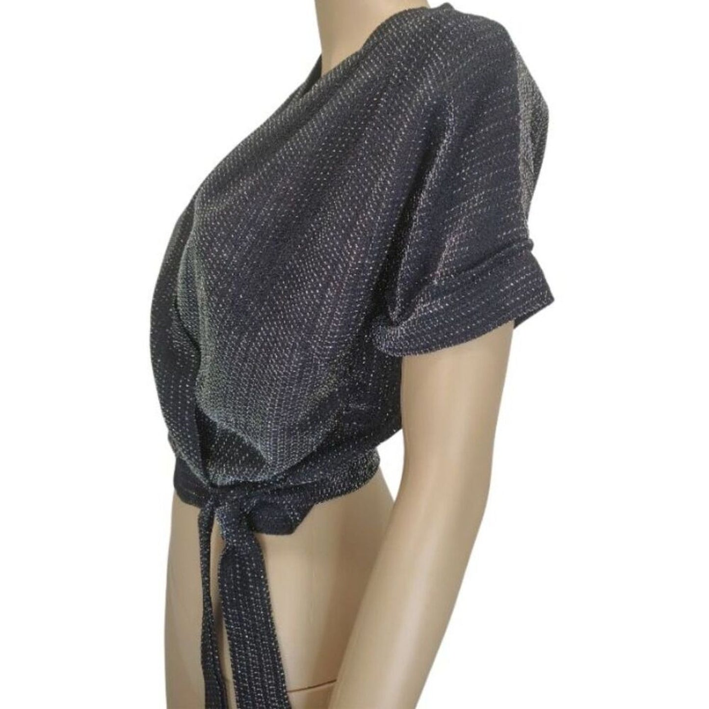 70s Cropped Black Silver Metallic Thread Short Sleeve V Neck Top Size Small [Vintage]