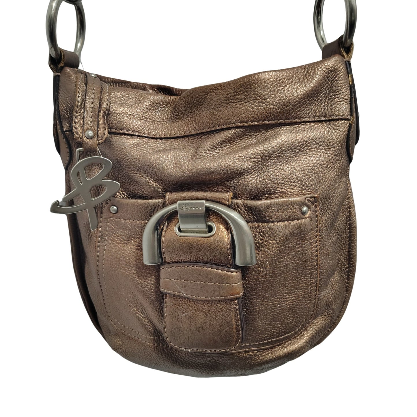 B Makowsky Brown Pebble Leather Zip Top Crossbody Shoulder Bag Silver Hardware