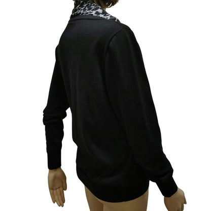 Tahari Black Cardigan Button Up Sweater Gray Leopard Print Trim Size Med Petite