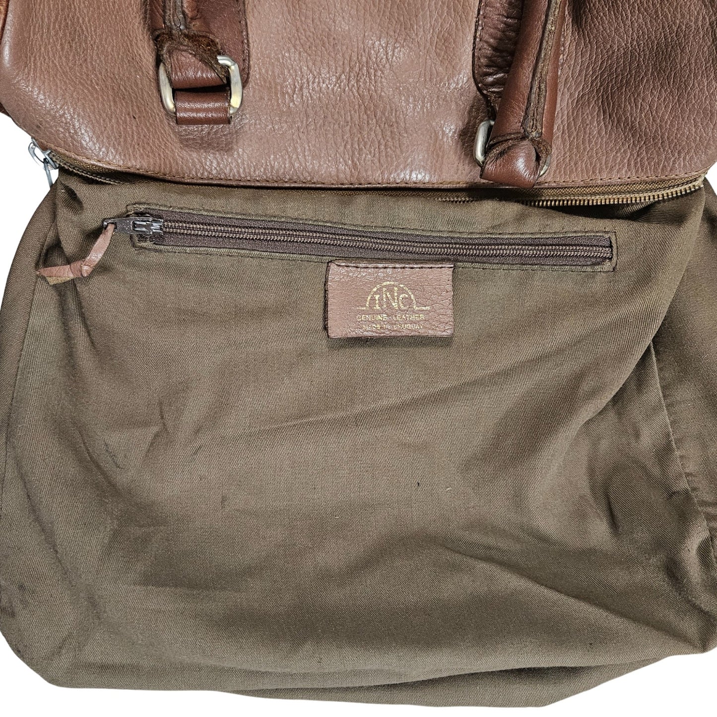 INC Brown Genuine Leather Bowling Barrel Bag Top Handle Handbag Gently Used