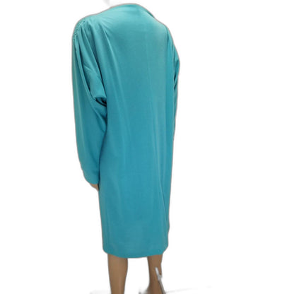 80s Vintage Handmade Long Sleeve Aquamarine High Neck Dress Size Medium
