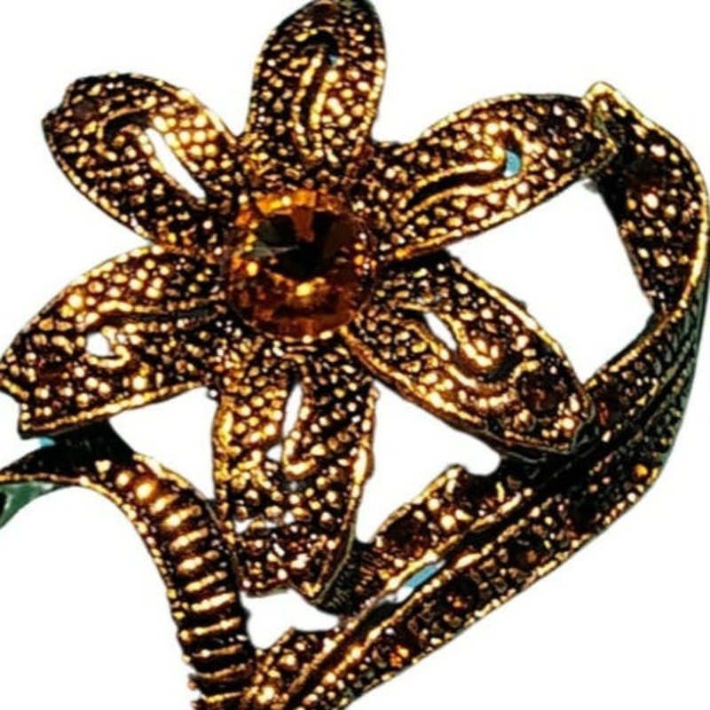 Vintage Set of Two Floral Brooch Flower Stem Pin Two Piece Set Topaz Bronze