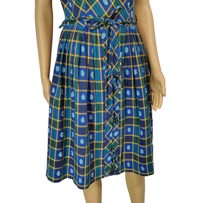 Belted Blue Green Plaid Vintage Handmade Pleated Ribbon Tie Midi Dress Size Small [Vintage]