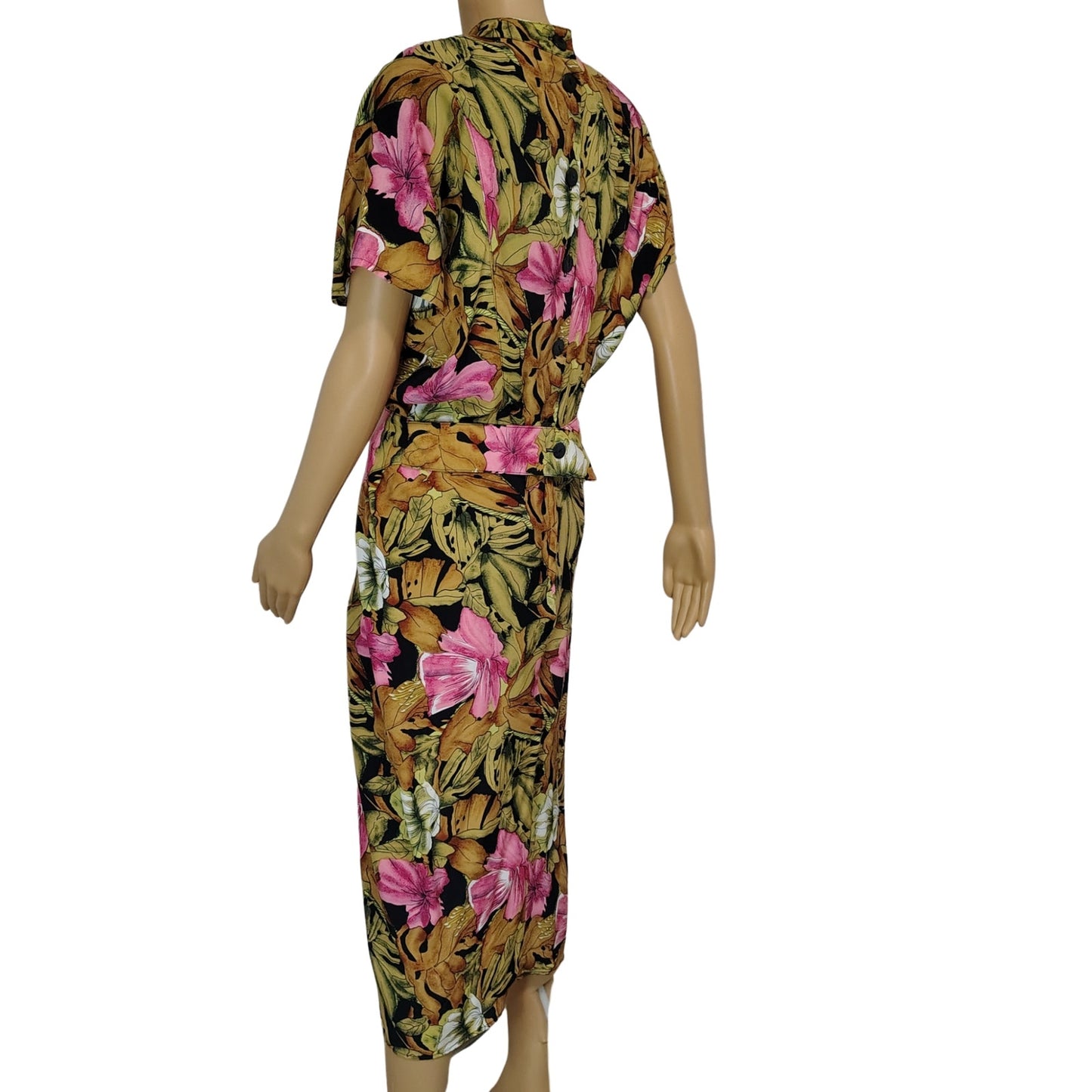 1980s April Rain Tropical Wiggle Dress Shoulder Pads Button Up Back Size Small [Vintage]