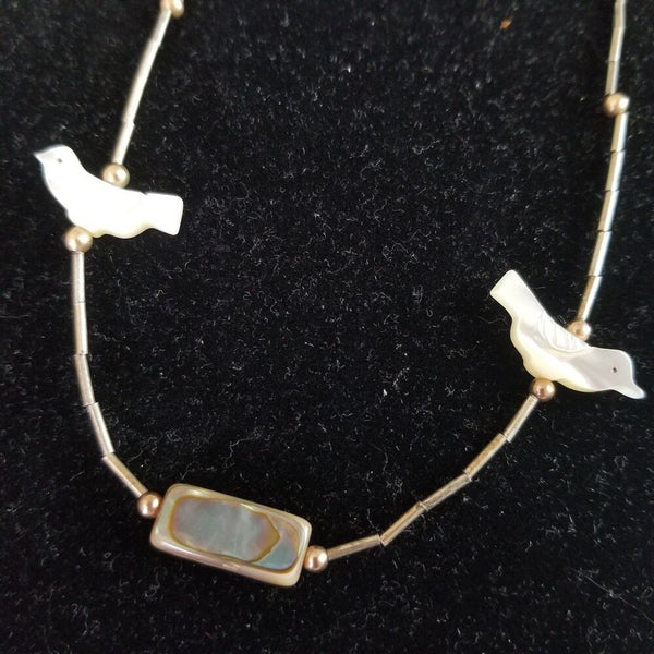 1970s Bird Mother Of Pearl Beads Single Strand Liquid Silver Bead Necklace