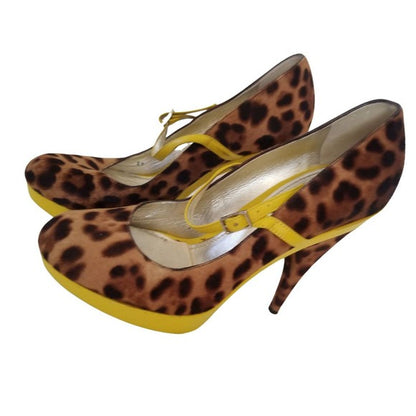 DOLCE & GABBANA Cheetah Platform Heels Yellow Trim Stilettos Size 8.5