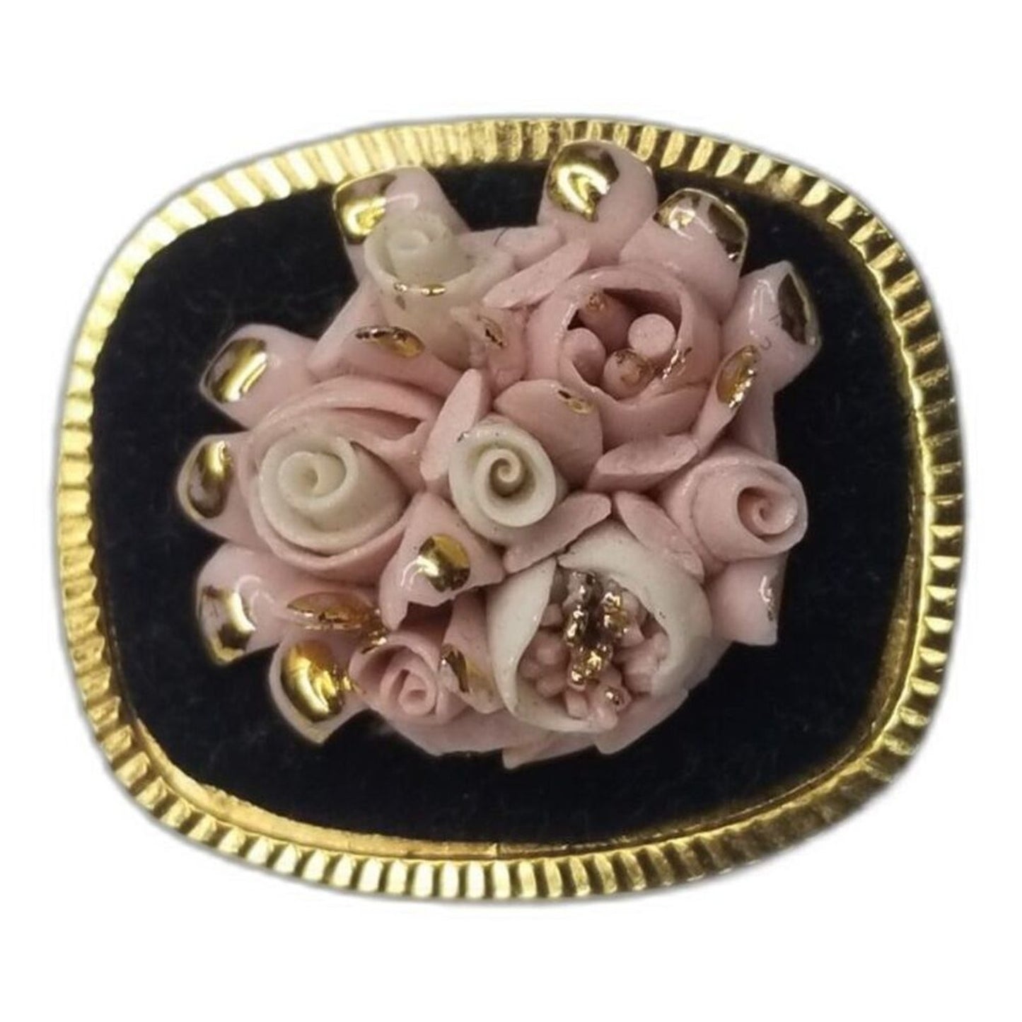 1980s Vintage Porcelain Roses Hand Painted Brooch Pin Porcelana Mercedes