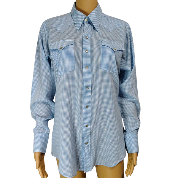 1950s Blue Micro Checks Rockmount Ranch Wear Custom Fitted Western Shirt Size Small [Vintage]
