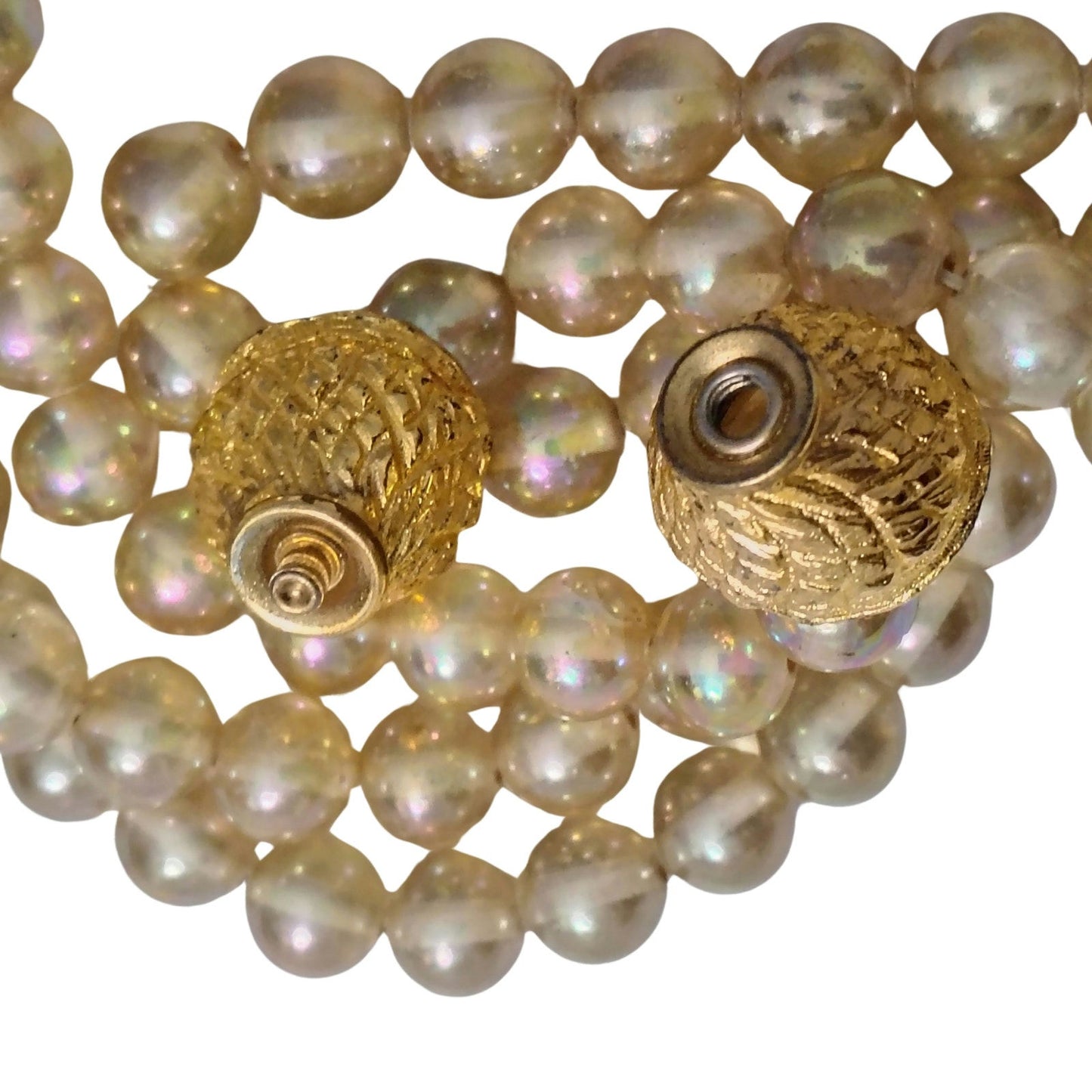 1960s Triple Strand Faux Champagne Pearl Choker Necklace Snap Clip Closure [Vintage]
