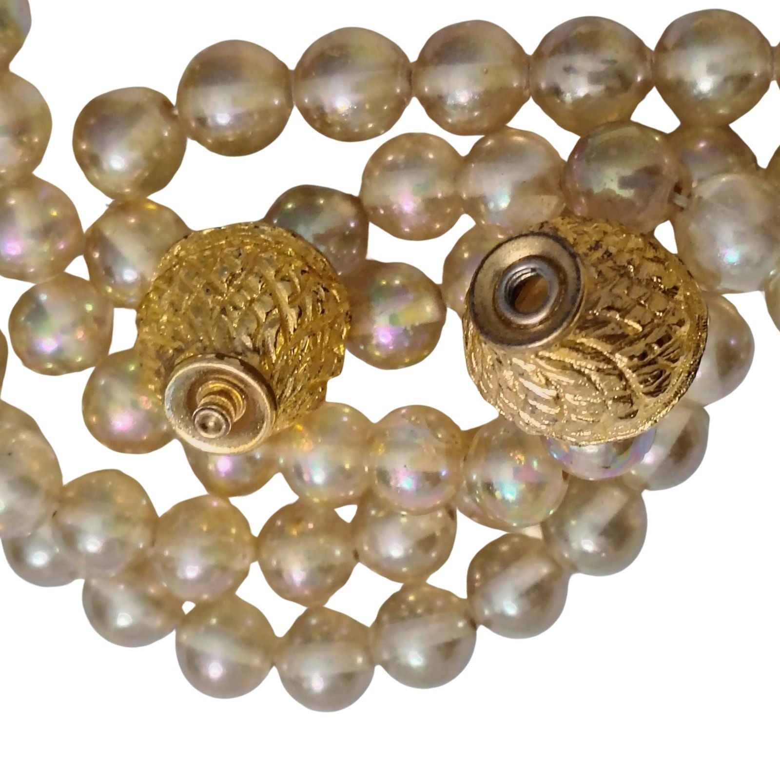 1960s Triple Strand Faux Champagne Pearl Choker Necklace Snap Clip Closure[Vintage]