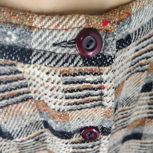 1960s Pleated Brown Cream Plaid Tweed Midi Button Up Winter Skirt Size XS [Vintage]