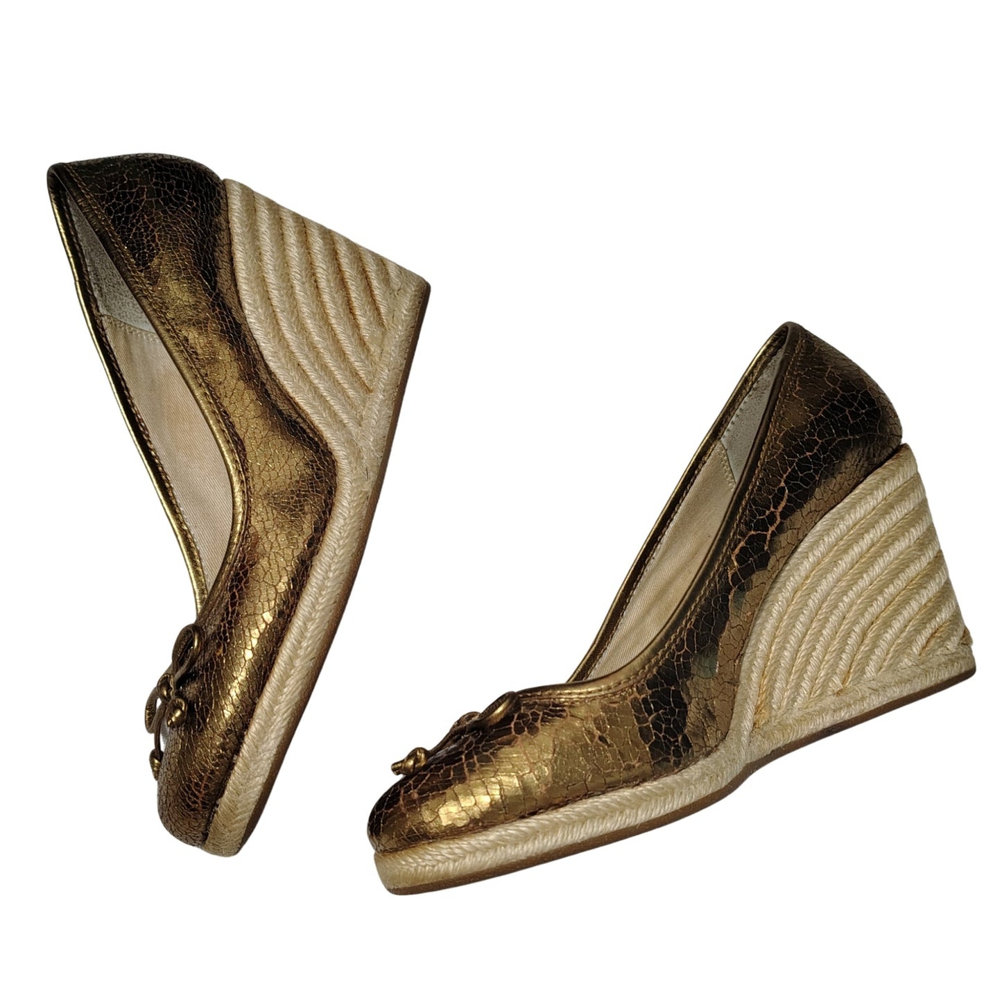 1980s Coach Bronze Crackle Leather Jute Wedge Hee Ireland Bow Espadrille Size 7 [Vintage]