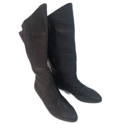 90s Vintage Black Leather Calf High Basic Editions Boots Almond Shape Toe Size 7