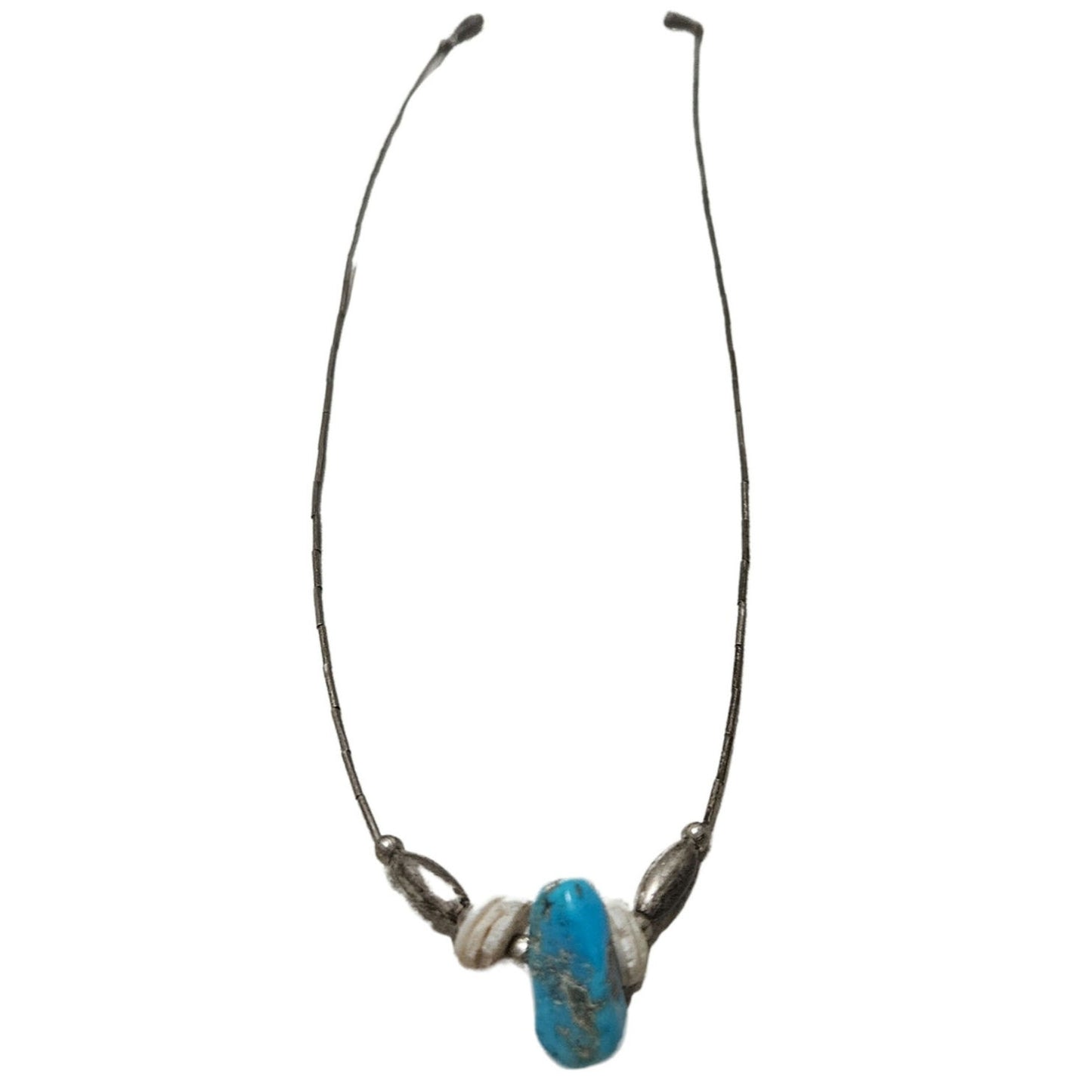 1970s Sterling Silver Liquid + Shell Beads + Uncut Turquoise Stone Necklace