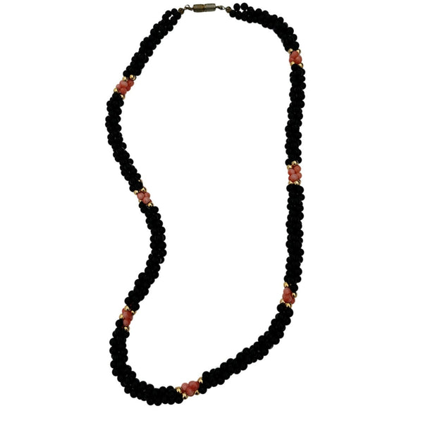 Round Black Onyx and Pink Coral Gemstone Bead Twisted Necklace [VINTAGE]
