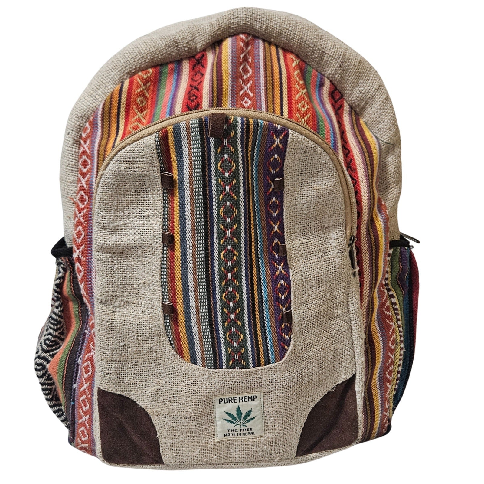 Tan Striped Handmade Pure Hemp THC FREE Laptop Holder Four Pocket Backpack