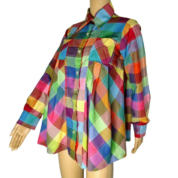 1970s Sears Rainbow Pleated Maternity Button Up Long Sleeve Shirt Size 7/8 [Vintage]