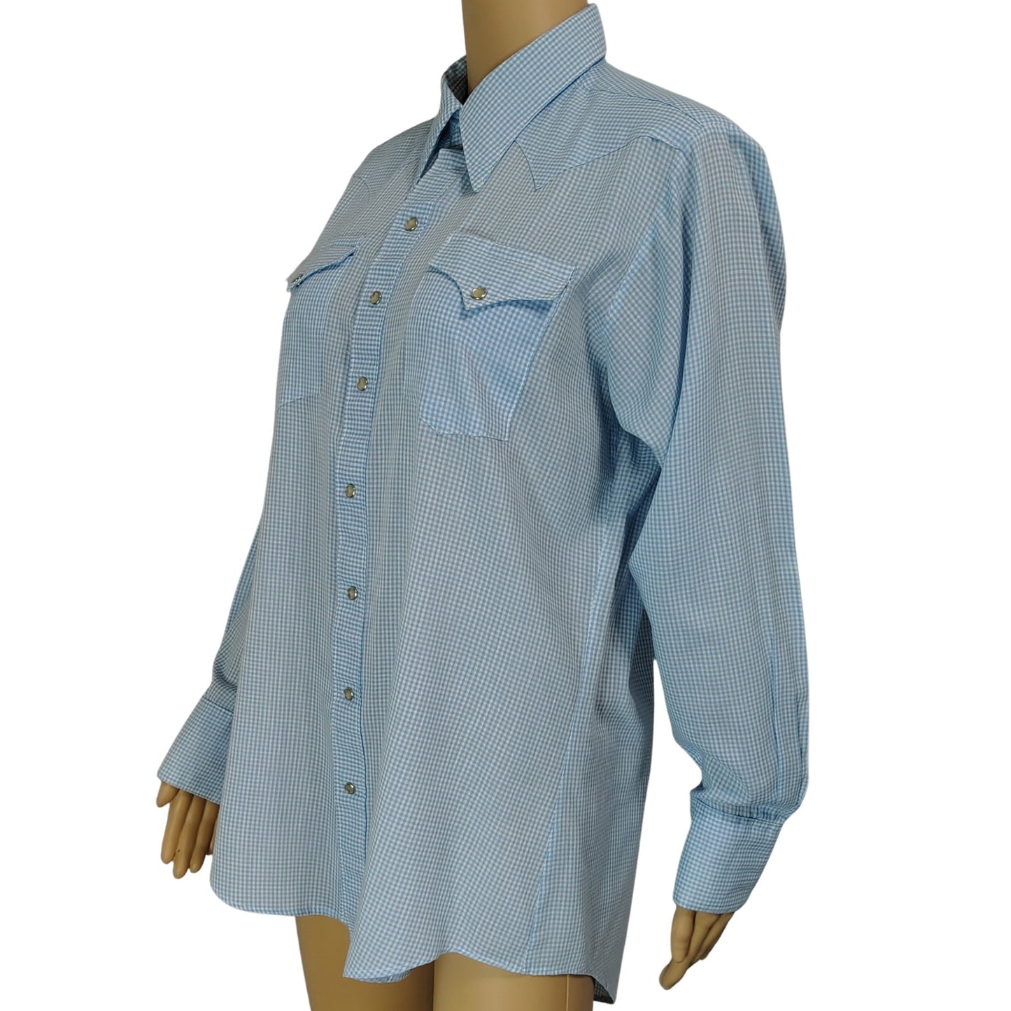1950s Blue Micro Checks Rockmount Ranch Wear Custom Fitted Western Shirt Size Small [Vintage]