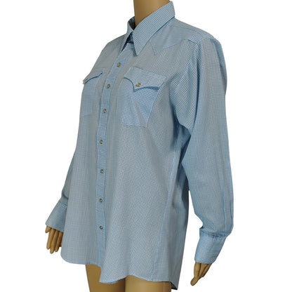 1950s Blue Micro Checks Rockmount Ranch Wear Custom Fitted Western Shirt Size Small [Vintage]