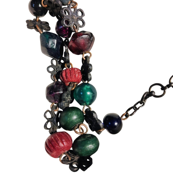 Vintage Floral Charms Multi Color Glass Beads Single Strand Necklace Black Metal