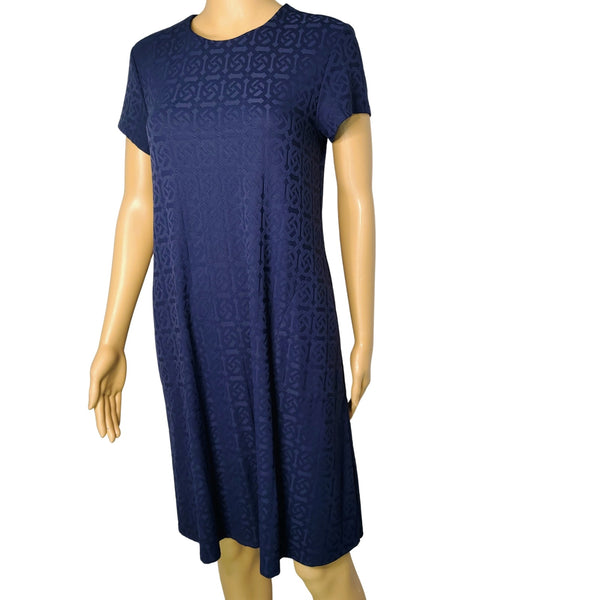 J. McLaughlin Swing Dress in Knot Print Jacquard Short Sleeve Navy Blue Size Small