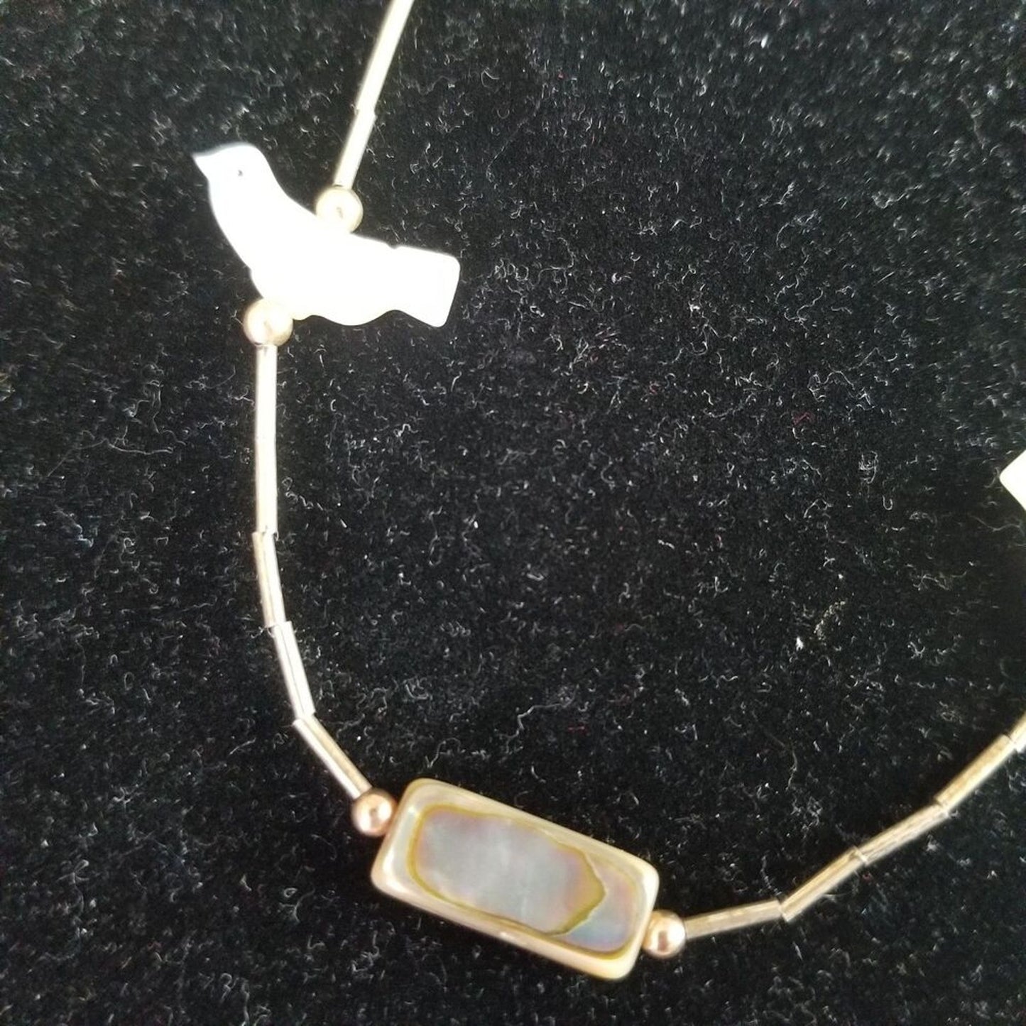 1970s Bird Mother Of Pearl Beads Single Strand Liquid Silver Bead Necklace