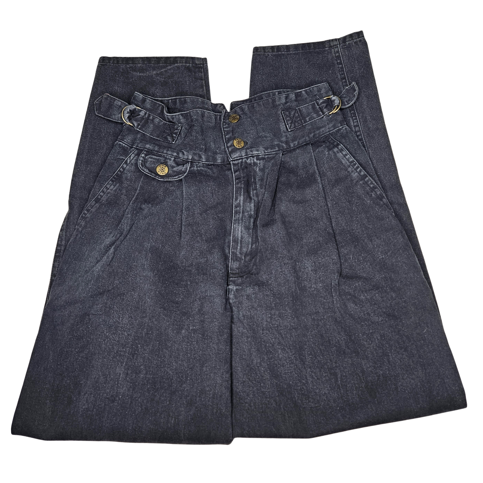 1980s Black Denim High Waisted Pleated Design Harem-Style Legs Double Belt Waist Detail Size 9 Womens