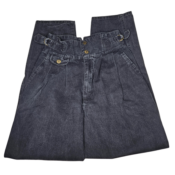 1980s Black Denim High Waisted Pleated Design Harem-Style Legs Double Belt Waist Detail Size 9 Womens