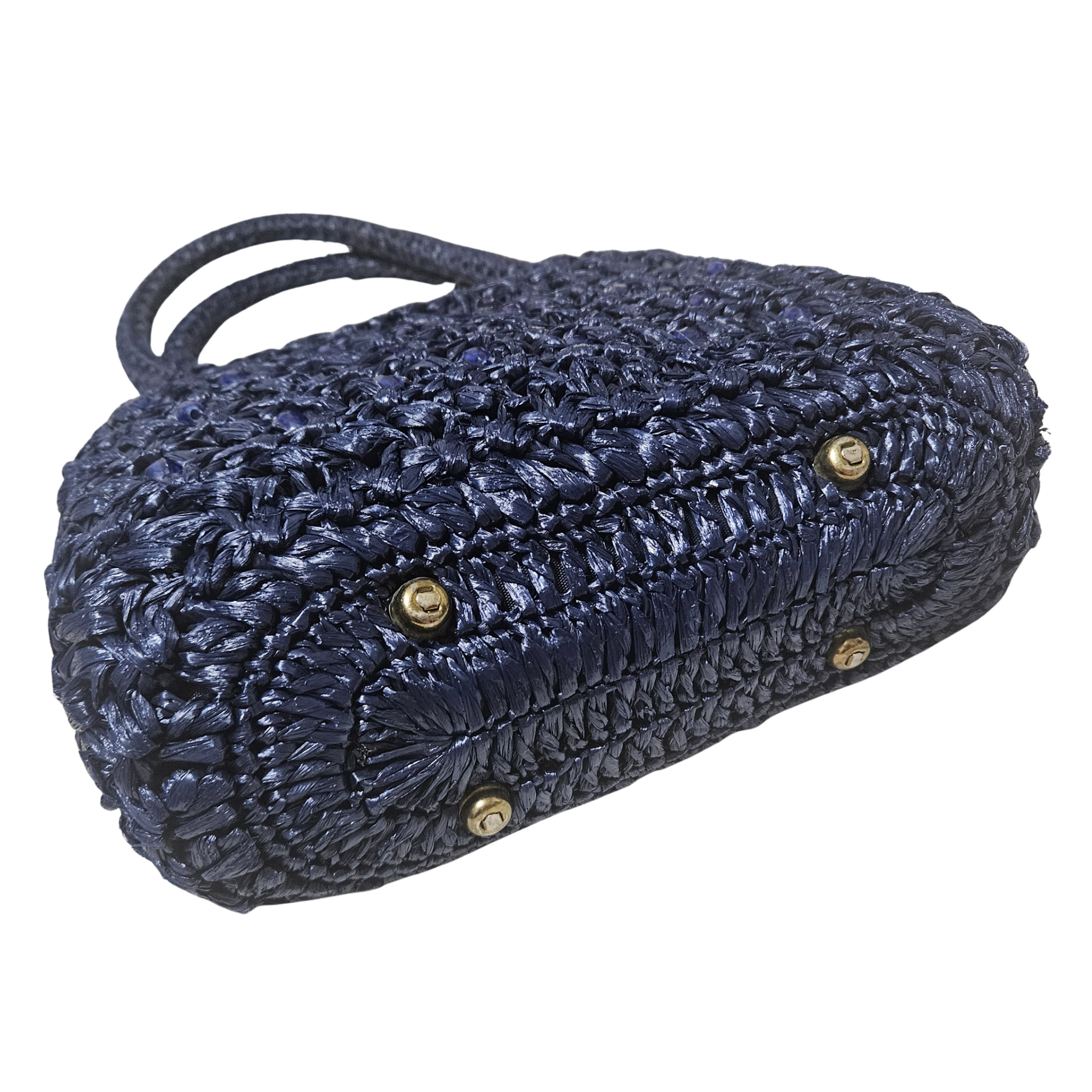 1950s Blue Raffia Woven Top Handle Metal Feet Hand Bag