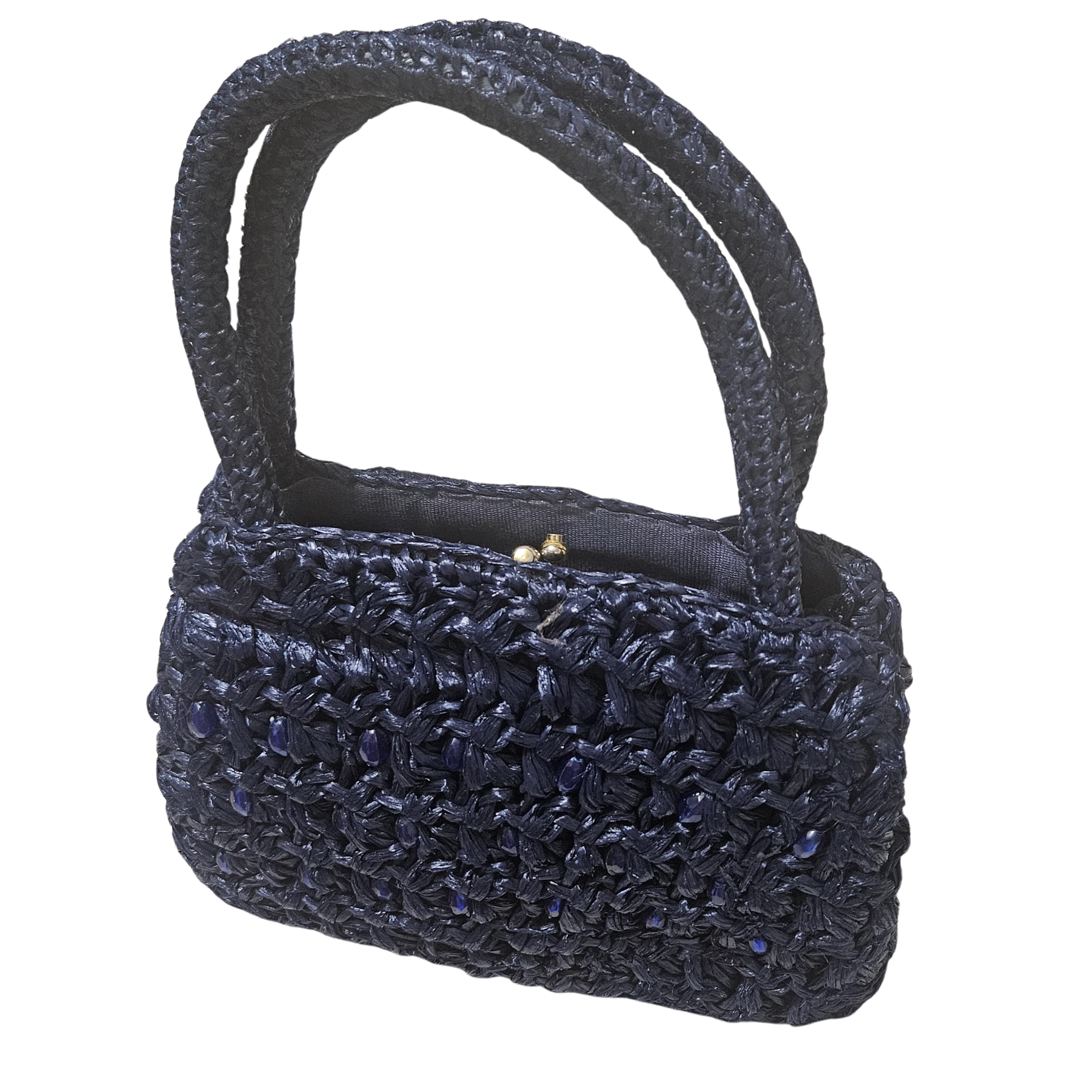 1950s Blue Raffia Woven Top Handle Metal Feet Hand Bag