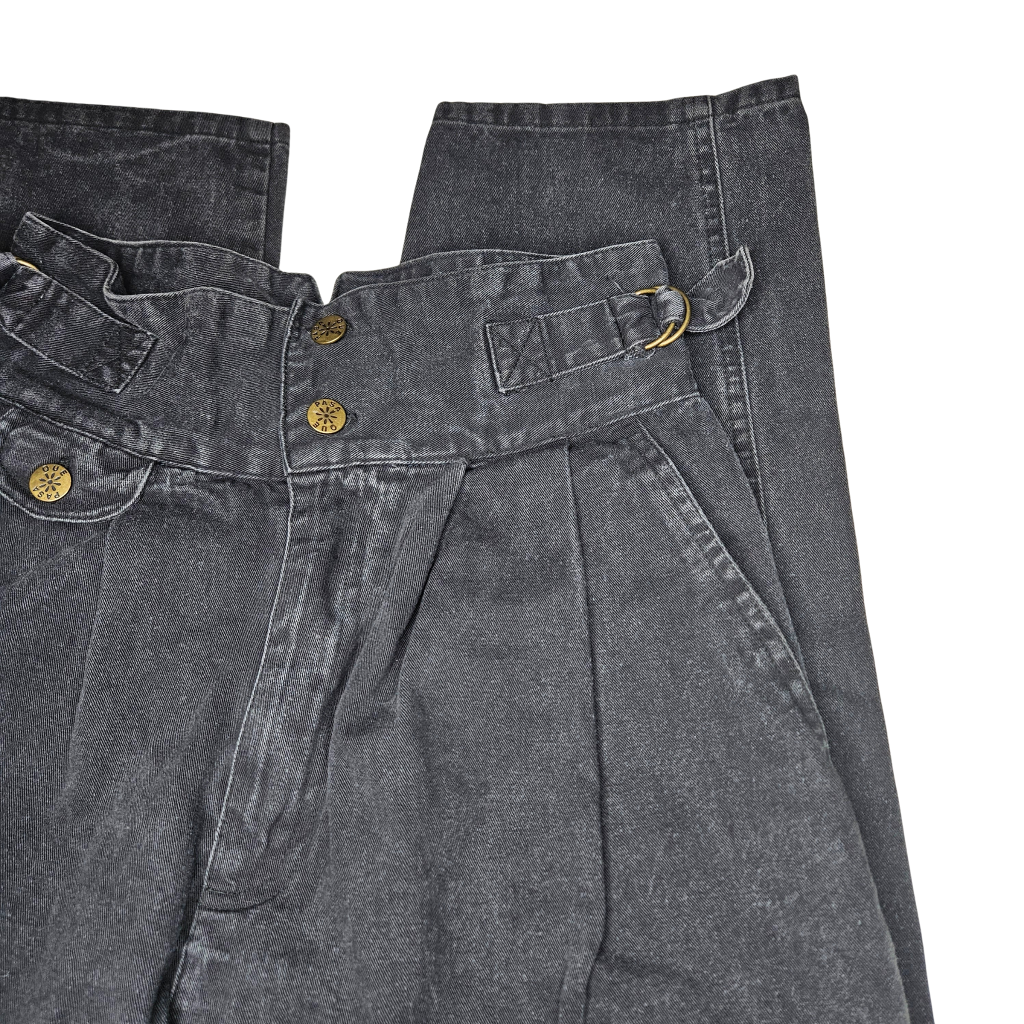 1980s Black Denim High Waisted Pleated Design Harem-Style Legs Double Belt Waist Detail Size 9 Womens