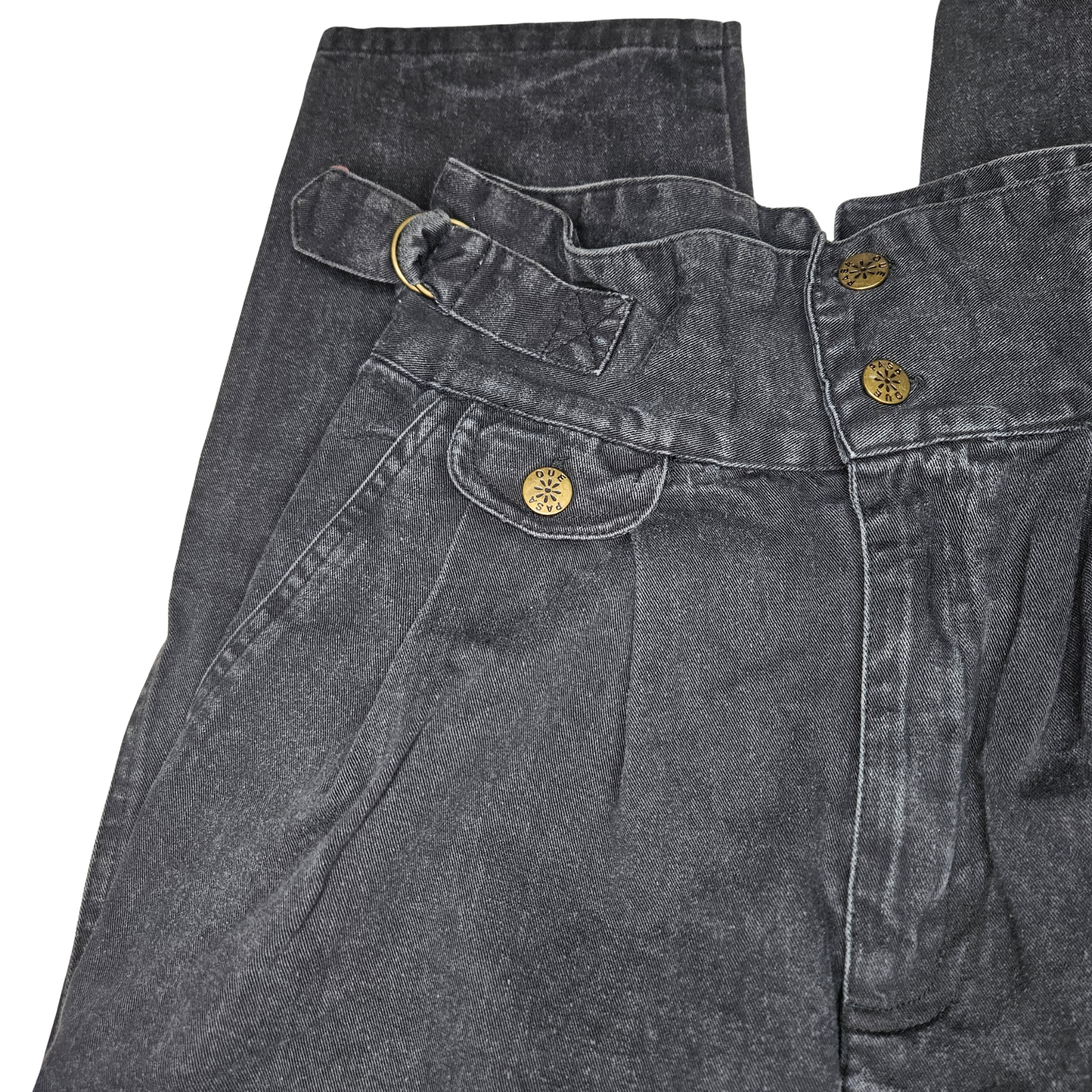 1980s Black Denim High Waisted Pleated Design Harem-Style Legs Double Belt Waist Detail Size 9 Womens