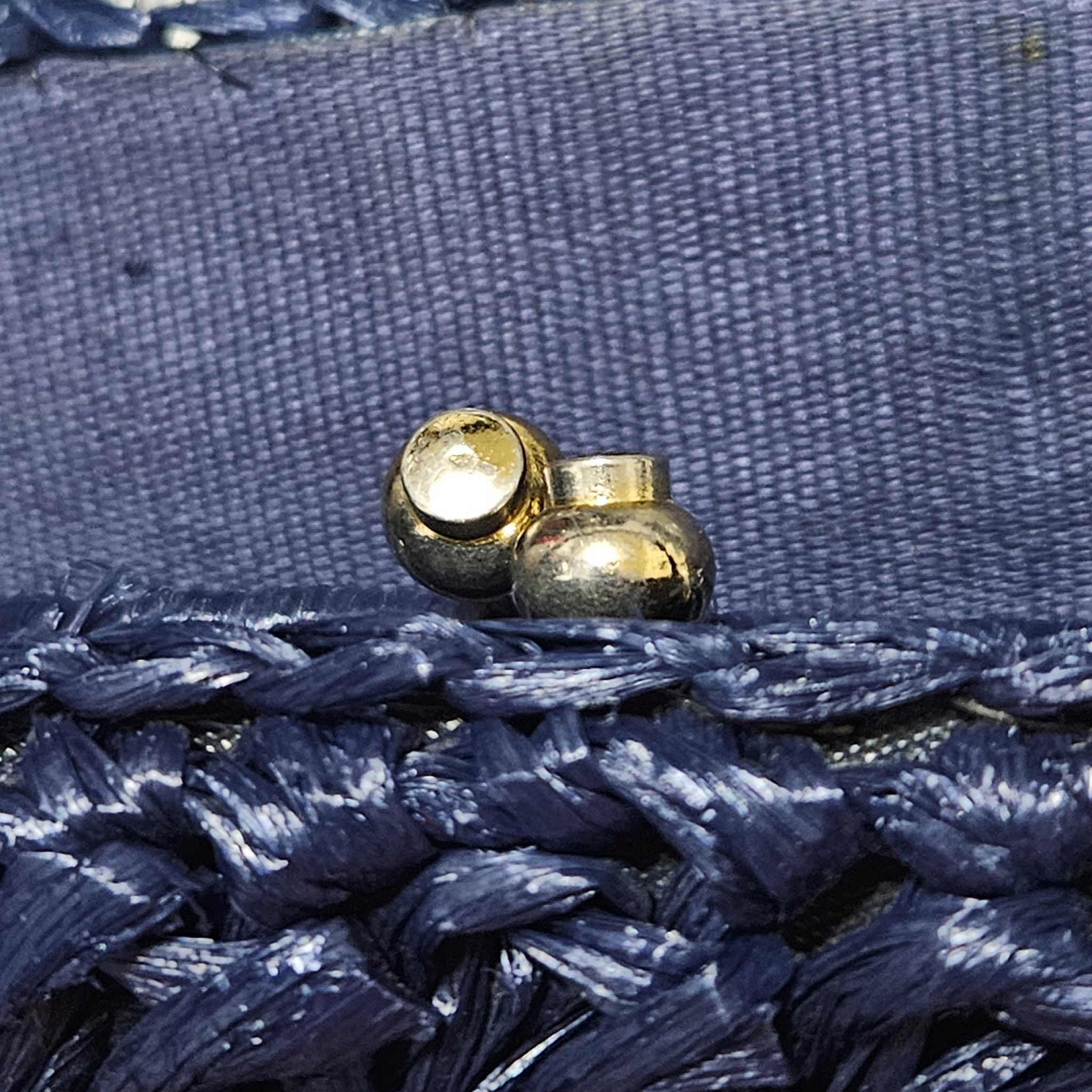 1950s Blue Raffia Woven Top Handle Metal Feet Hand Bag