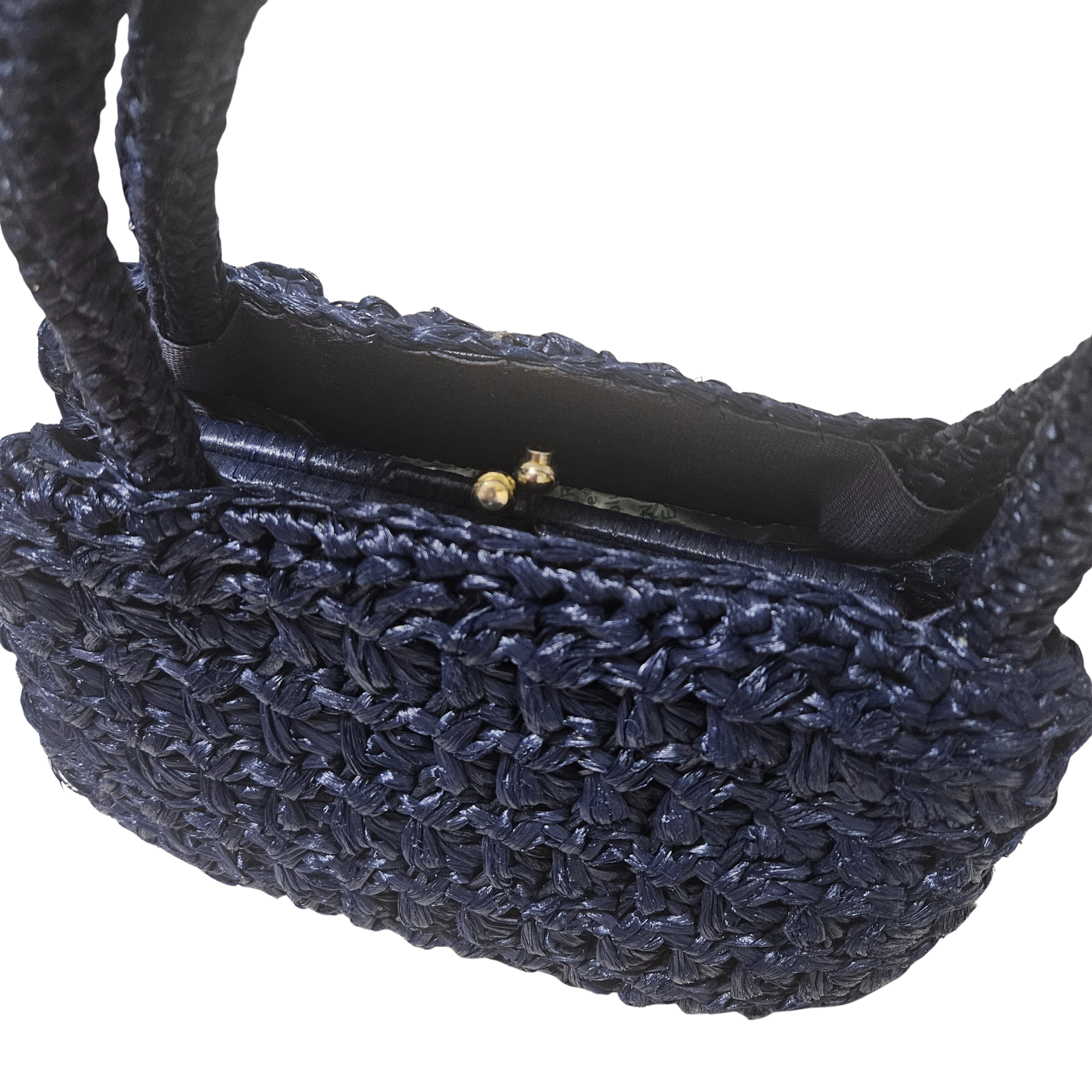 1950s Blue Raffia Woven Top Handle Metal Feet Hand Bag