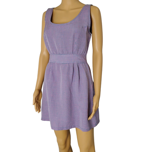 1990s Pink Blue Gingham Plaid Mini Tank Dress Long Back Zipper Faux Belt Size Small