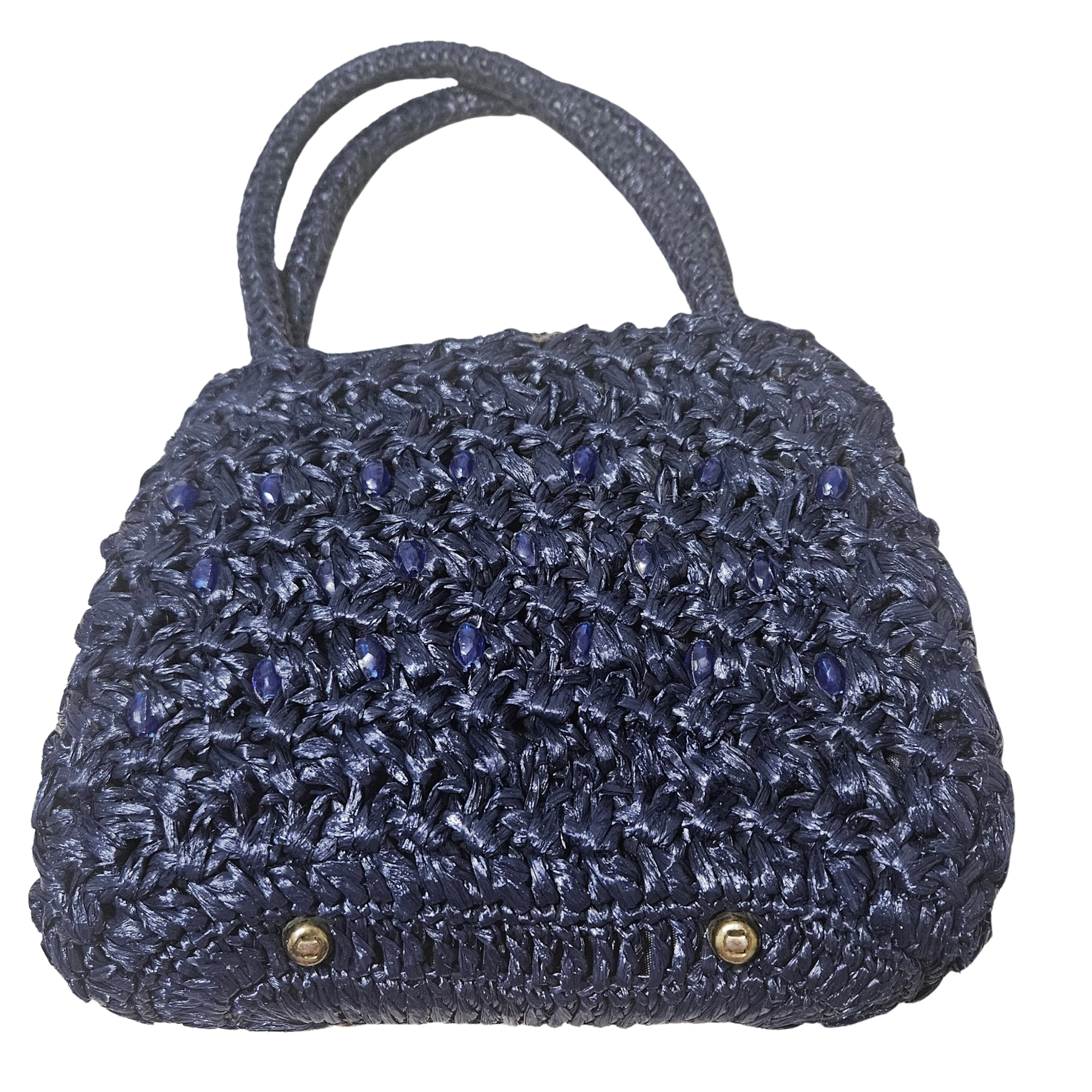 1950s Blue Raffia Woven Top Handle Metal Feet Hand Bag
