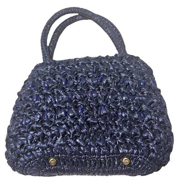 1950s Blue Raffia Woven Top Handle Metal Feet Hand Bag