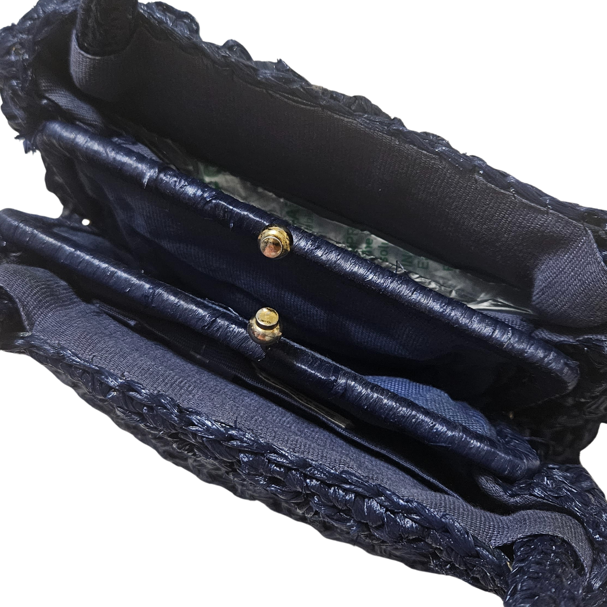 1950s Blue Raffia Woven Top Handle Metal Feet Hand Bag