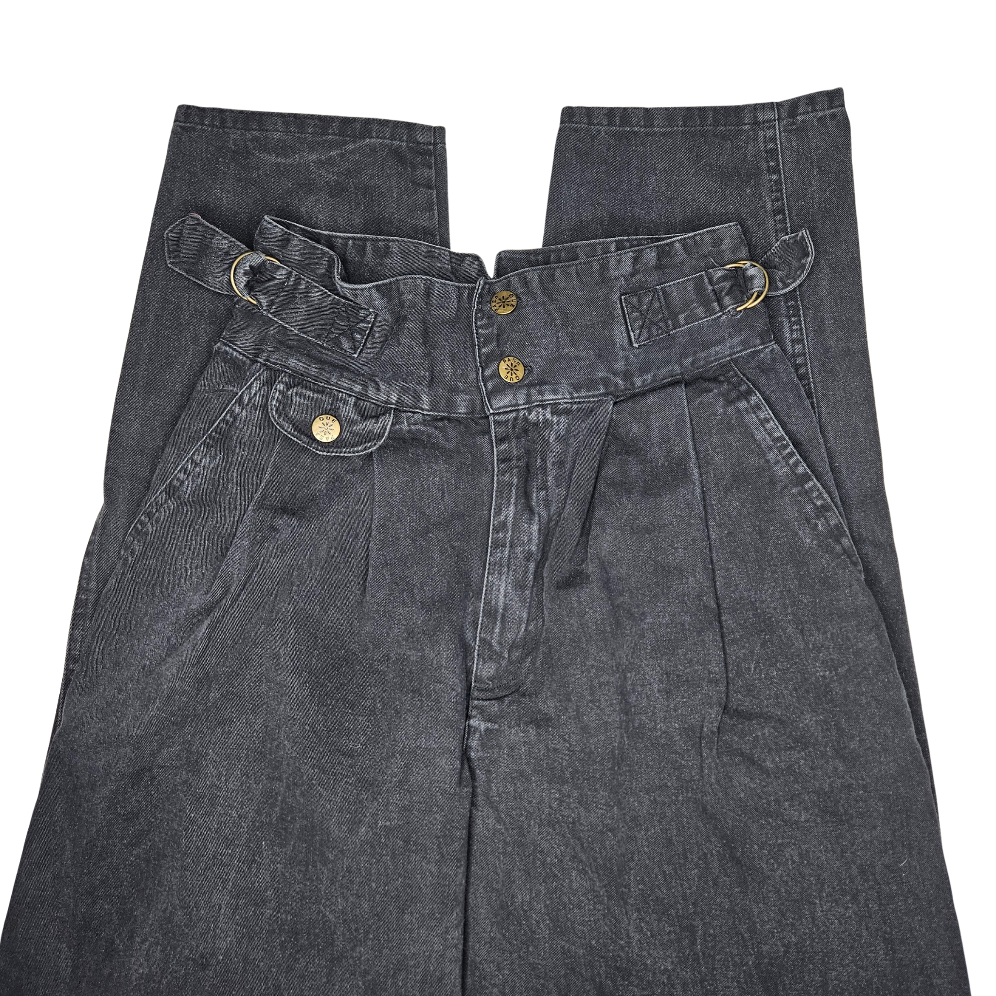 1980s Black Denim High Waisted Pleated Design Harem-Style Legs Double Belt Waist Detail Size 9 Womens