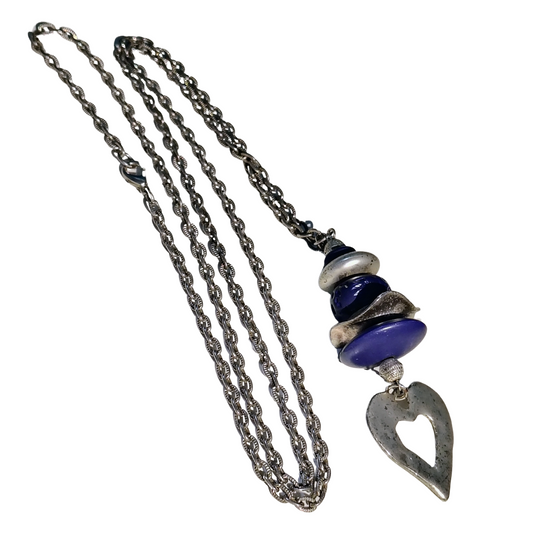 80s Purple Stacked Beads Silver Tone Heart Long Chain Link Statement Necklace