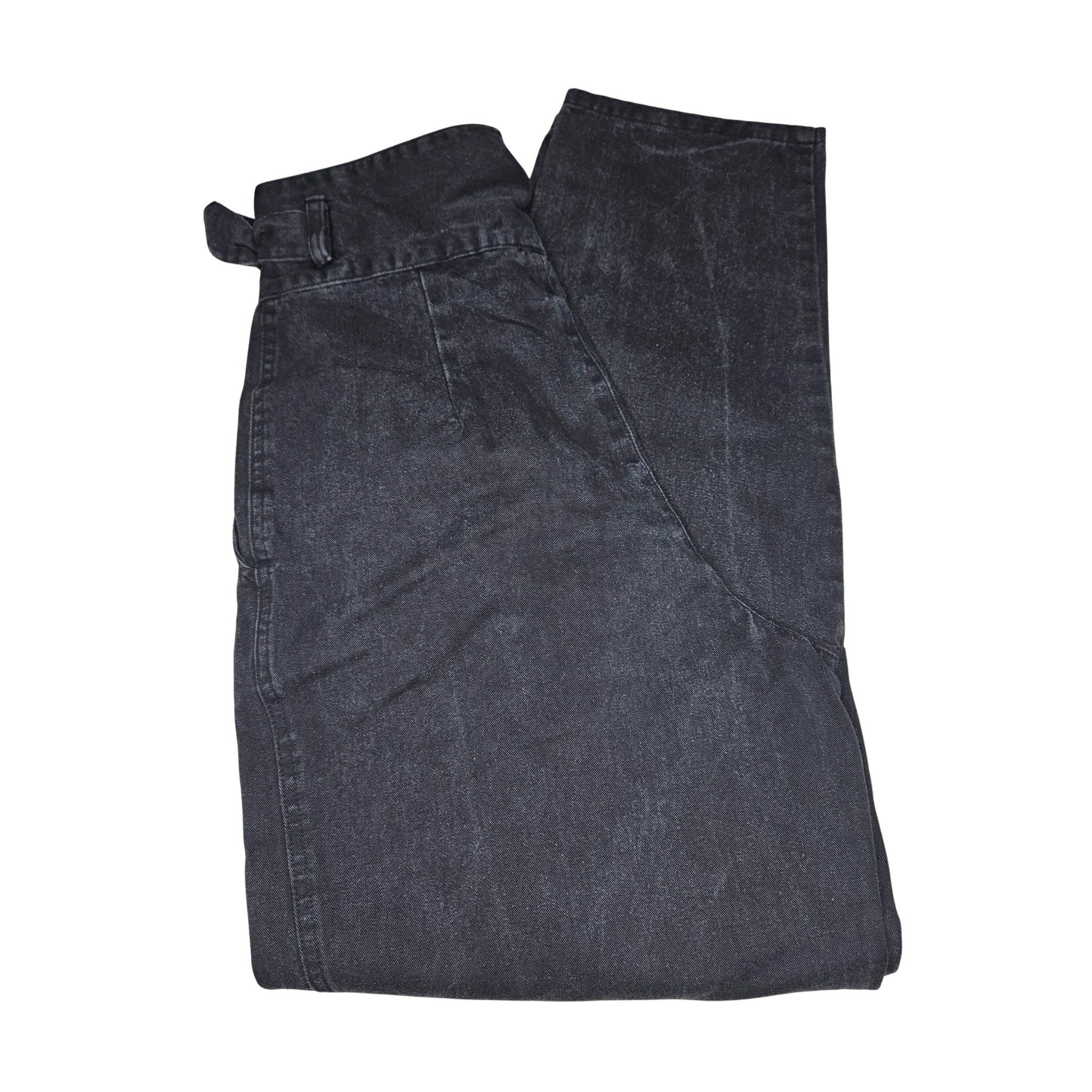 1980s Black Denim High Waisted Pleated Design Harem-Style Legs Double Belt Waist Detail Size 9 Womens