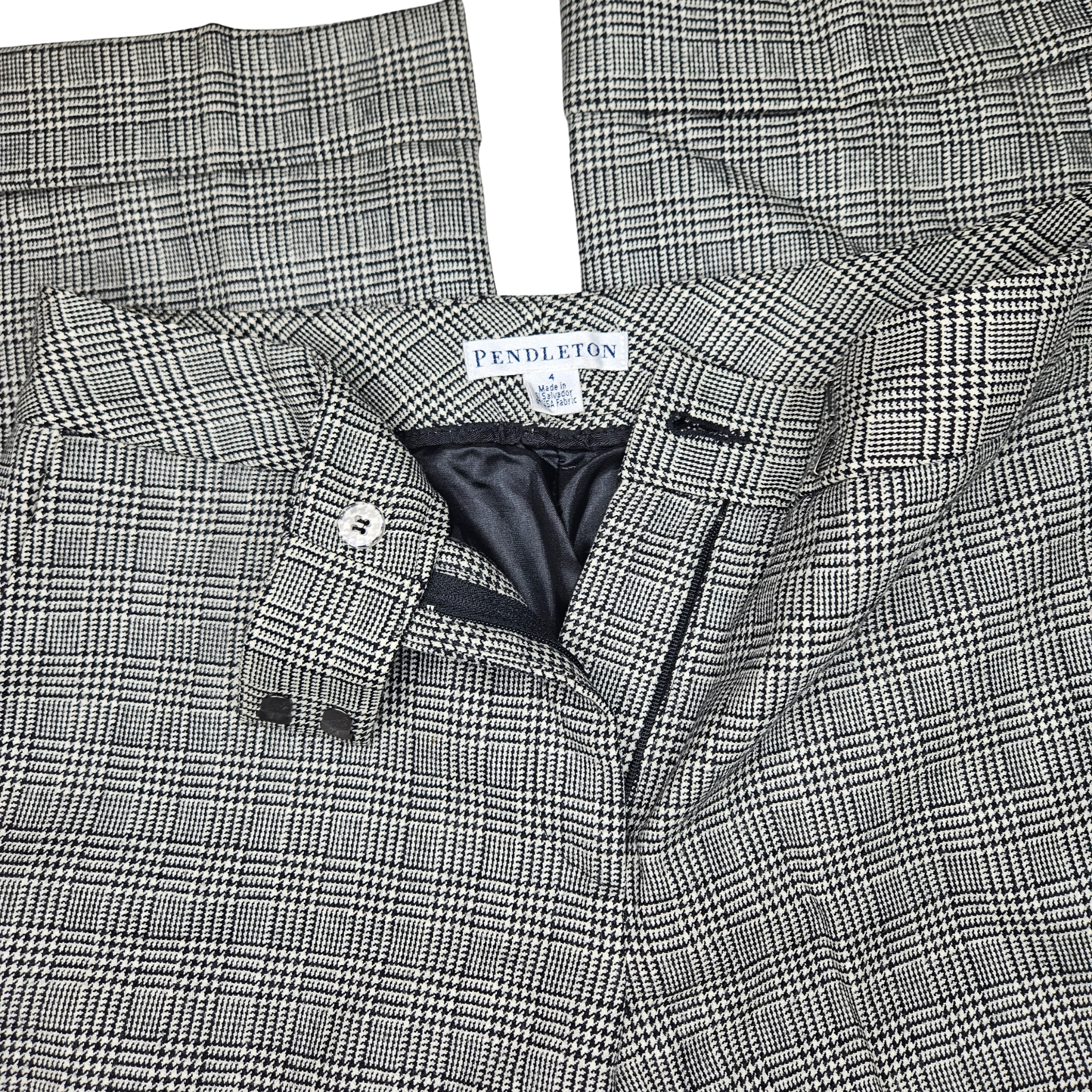 Y2k Pendleton Black White Glen Plaid 100% Virgin Wool Trousers Flat Front Slacks Wide Leg Pants Size 4