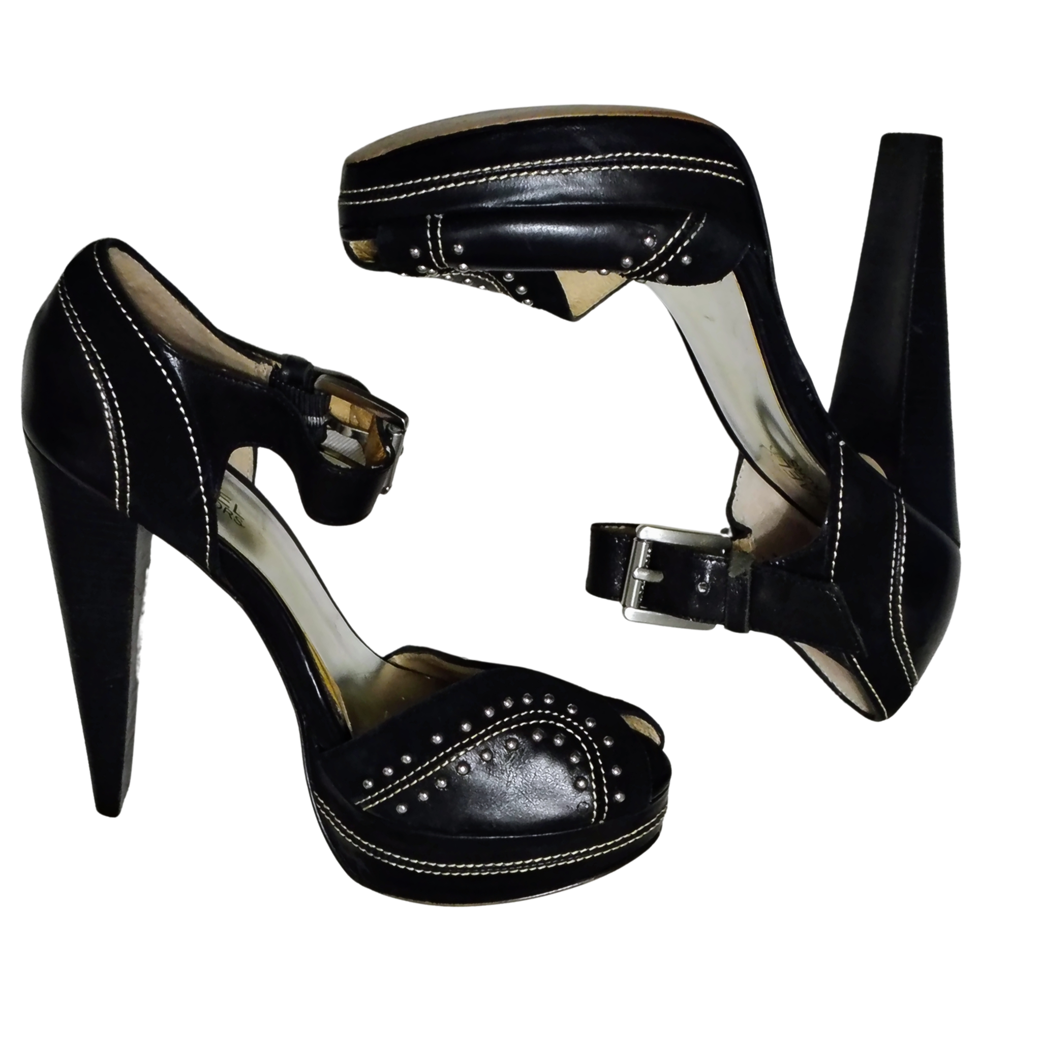Black Platforms Leather Peep Toe Heels Metal Studs MICHAEL Michael Kors Size 6.5